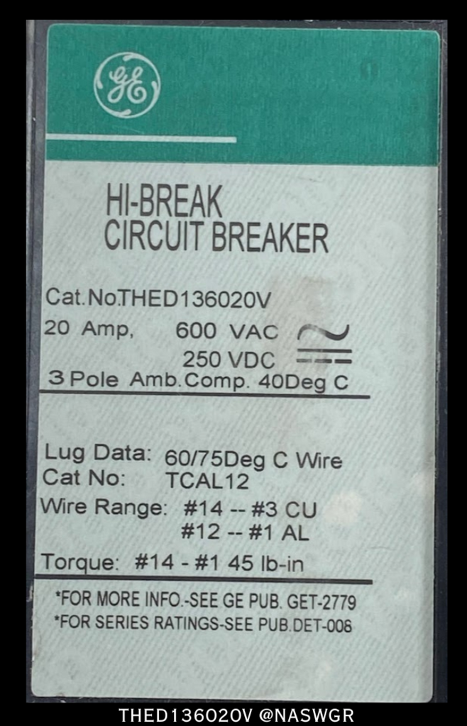 General Electric THED136020V Molded Case Circuit Breaker 20 Amp