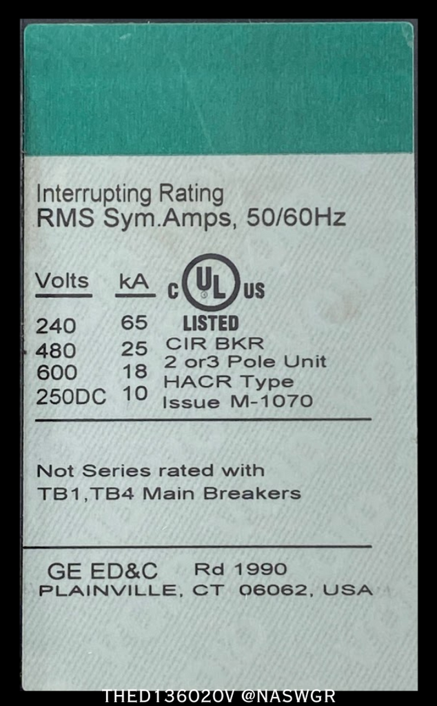 General Electric THED136020V Molded Case Circuit Breaker 20 Amp