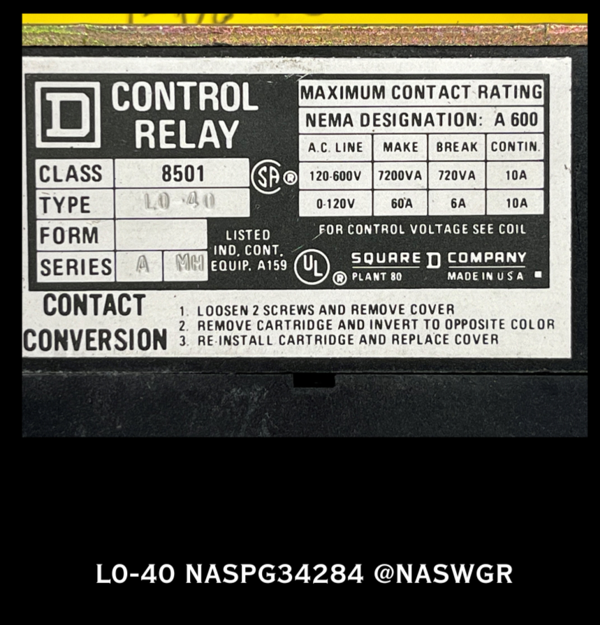 L0-40 ~ SQUARE D L0-40 TYPE L CONTROL RELAY