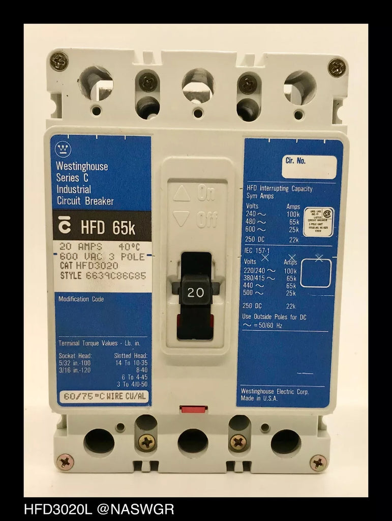 Westinghouse HFD3020L Molded Case Circuit Breaker - 20 Amp