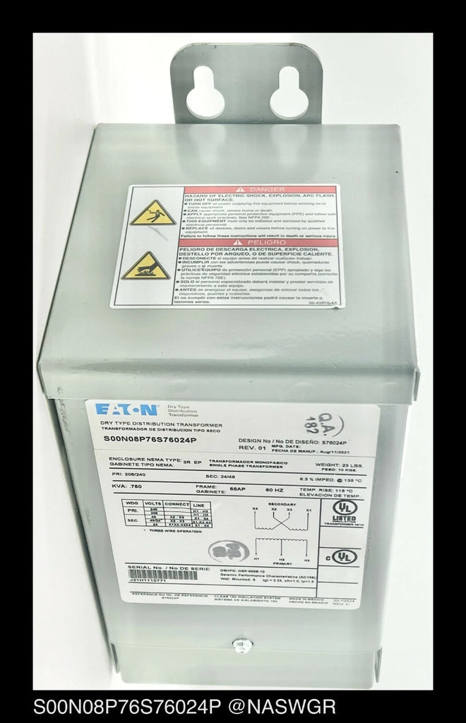 Eaton S20N08P76P Dry Type Distribution Transformer P208/240V S24/4
