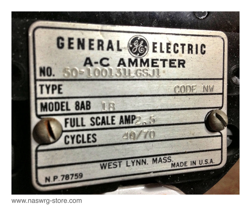 50-100131LGSJ1 , GE A-C Ammeter , 600 ampers , Type: Code NW , Model 8AB18 , Full Scale Amp 2.5 , 40/70 Cycles , PN: 50-100131LGSJ1