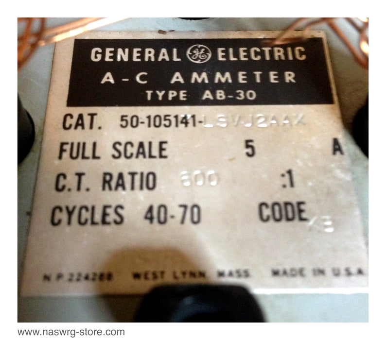 50-105141-LSVJ2AAX , GE A.C. Ammeter , Type: AB-30 , C.T. Ration: 600:1 , 40-70 Cycles , Code KB , PN: 50-105141-LSVJ2AAX