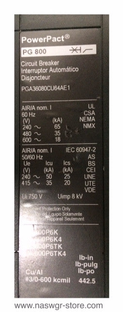PGA36080CU64AE1 ~ Square D PGA36080CU64AE1 I-Line Circuit Breaker Micrologic 6.0P LSIG Functions
