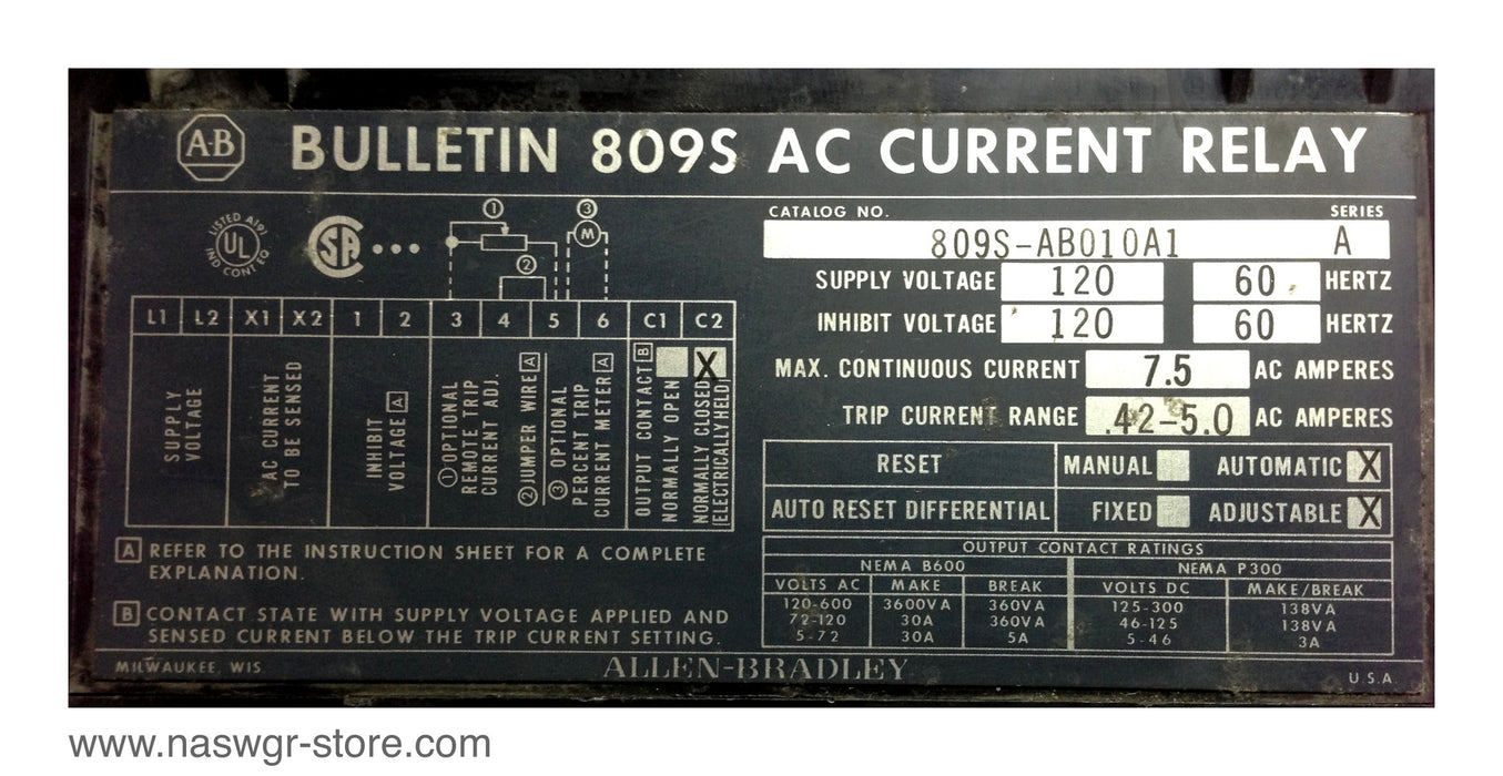 809S-AB010A1 , Allen Bradley Bulletin 809S AC Current Relay , Series A , Supply Voltage 120 60 Hz , INHIBIT Voltage 120 60 Hz , Max. Continuous Current 7.5 AC Amperes , Trip Current .42-5.0 AC Amperes , PN: 809S-AB010A1