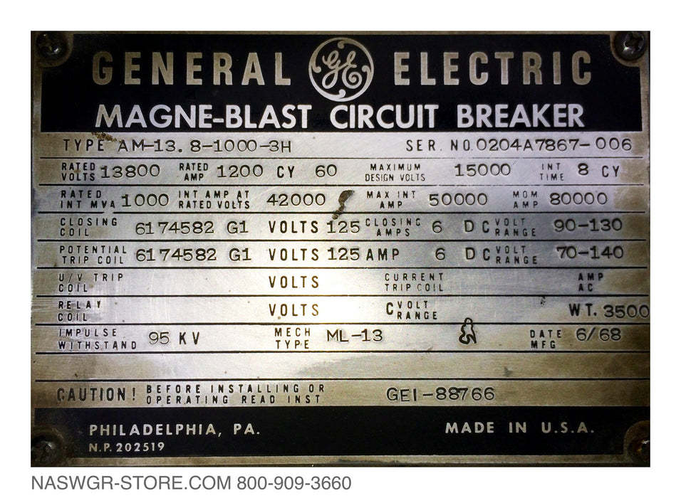 AM-13.8-1000-3H , GE AM13.8-1000-3H Circuit Breaker , 1200 Amp Magneblast