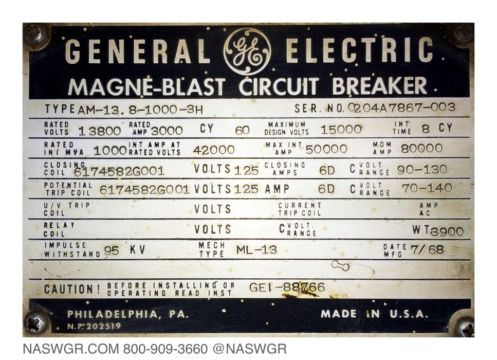 AM-13.8-1000-3H , GE AM13.8-1000-3H Circuit Breaker , 3000 Amp Magneblast
