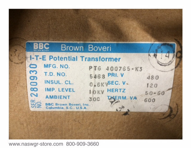 ITE / Brown Boveri 400765-K3 Potential Transformer ~ Type PT6