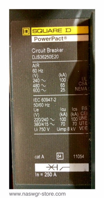 Square D DJS36250E20 PowerPact Circuit Breaker , 250 Amp