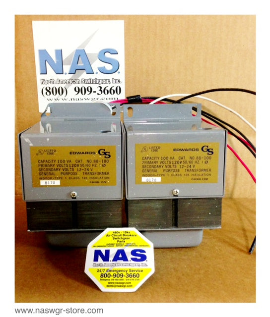88-100 , Edwards 88-100 General Purpose Transformer , Capacity: 100VA , Primary Volts: 120V 50/60 Hz. , Secondary Volts: 12-24V , Indoor Type 1 Class 105 , 8170 , PN: 88-100