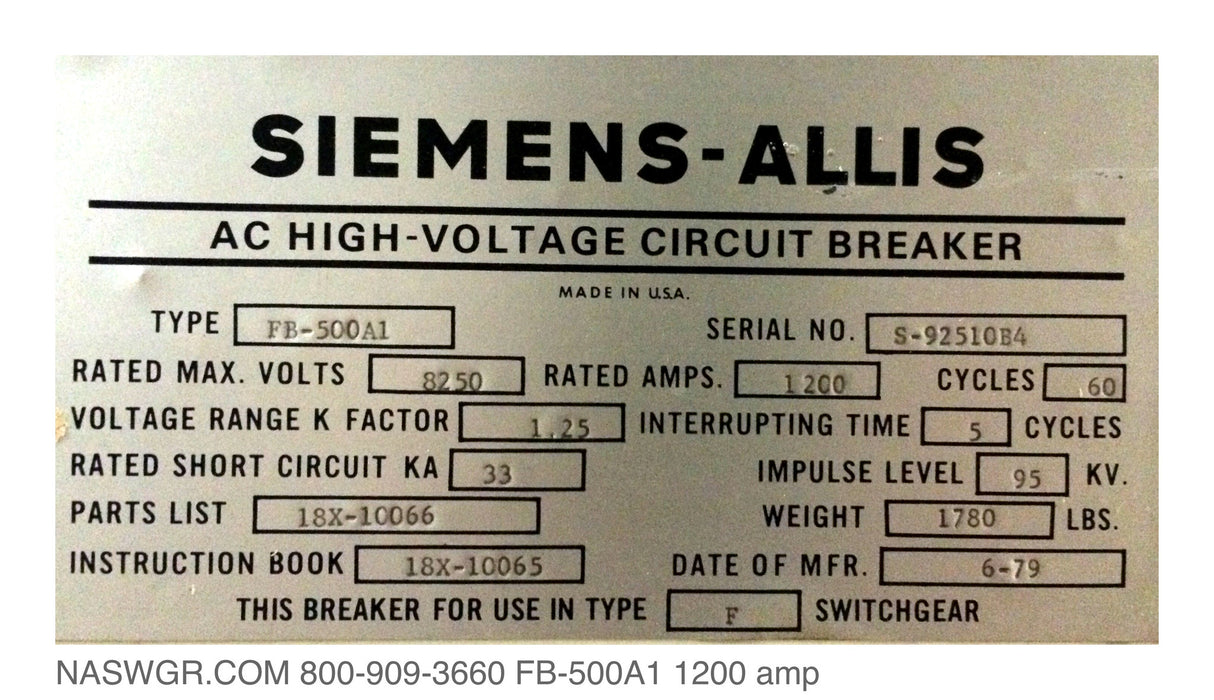Allis Chalmers FB-500A1 Circuit Breaker ~ 1200 amp ~ 18X-10065 ~ 18X10066