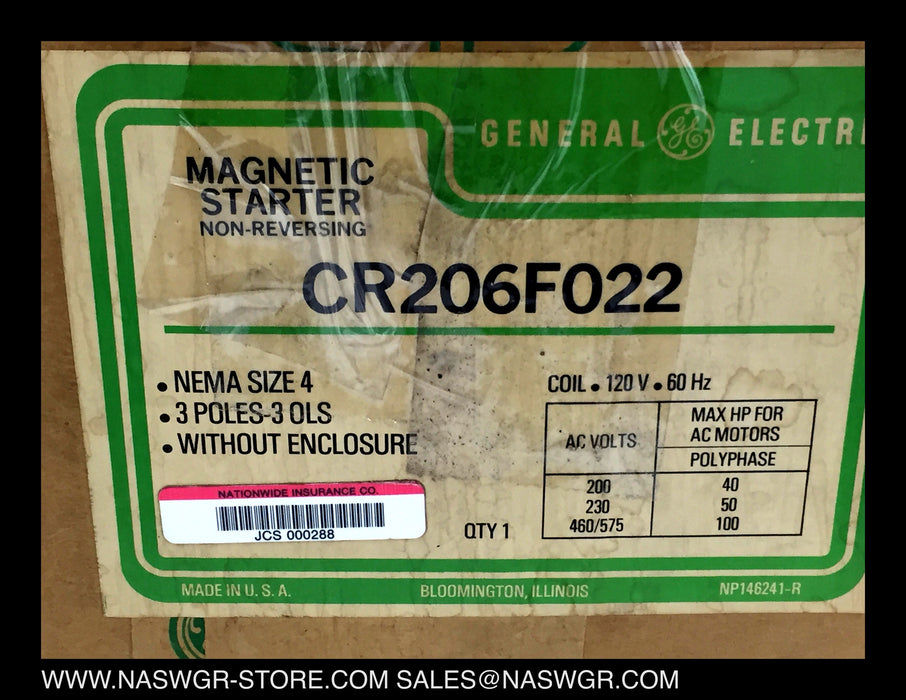 CR206F022 ~ GE CR206F022 Magnetic Starter Non-Reversing Size 4 Unused Surplus