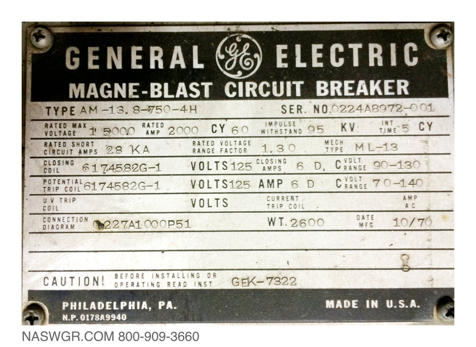 AM-13.8-750-4H , GE AM13.8-750-4H Circuit Breaker , MAGNEBLAST