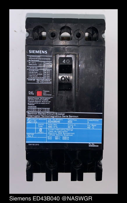 Siemens ED43B040 Molded Case Circuit Breaker ~ 40 Amp
