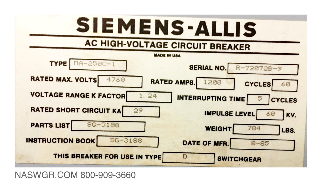 MA-250-C1 ~ Siemens Allis MA-250-C1 Circuit Breaker 1200 Amp