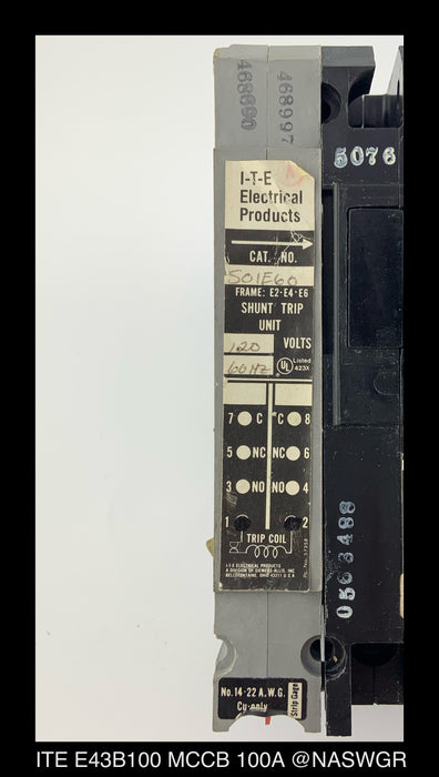 ITE E43B100 Molded Case Circuit Breaker W/501E60 Shunt Trip ~ 100 Amps