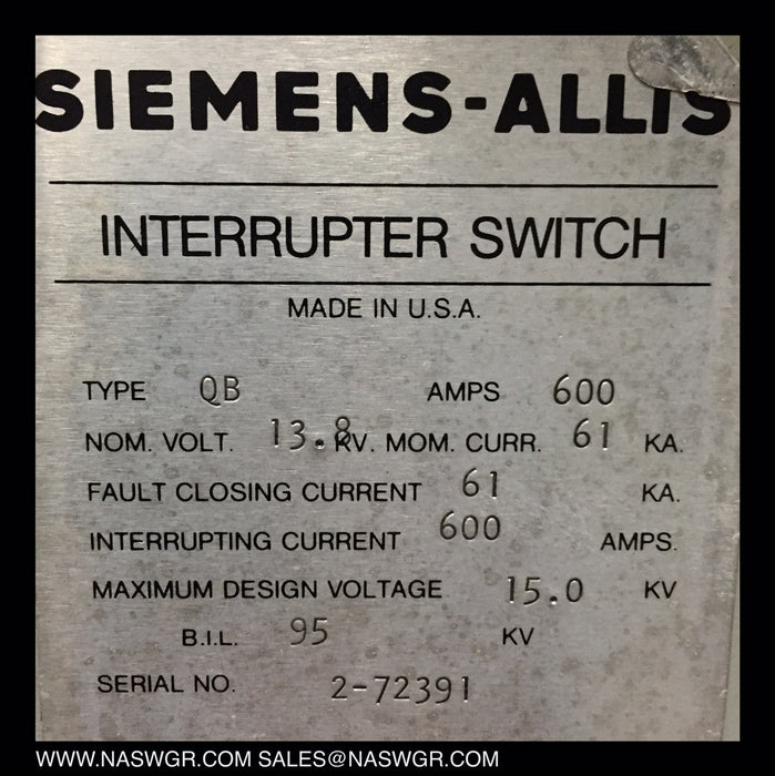 Siemens Allis QB Load Interrupter Switch 15kV 600 amp ~ Siemens-Allis QB Switch