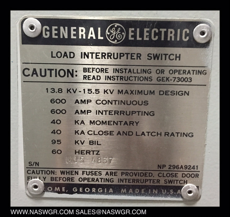 General Electric PIF Style Load Interrupter Switch ~ 15kV 600 amp GE PIF