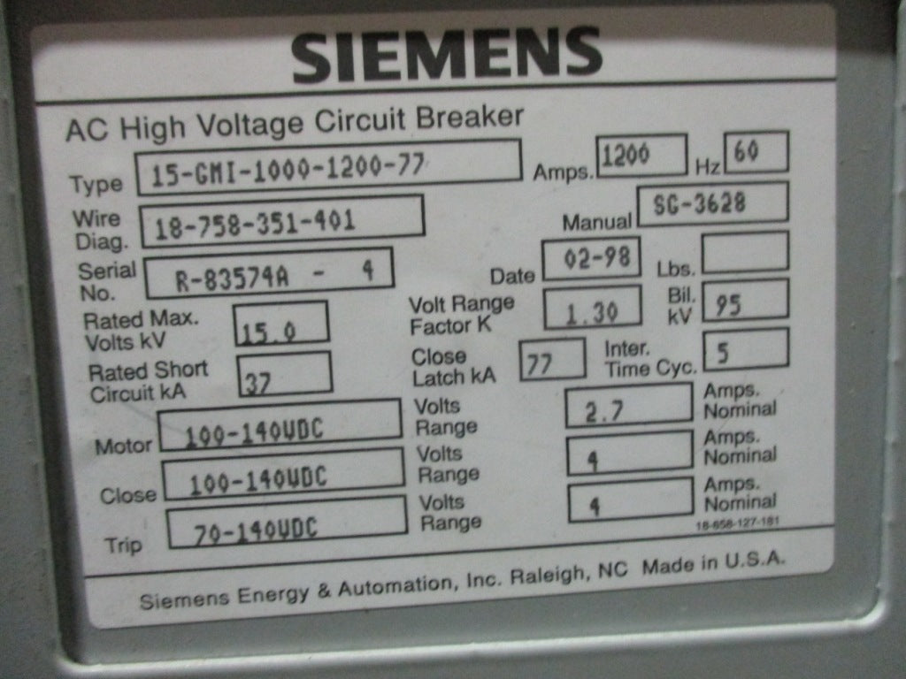 15-GMI-1000-1200-77 Siemens AC High Voltage Circuit Breaker