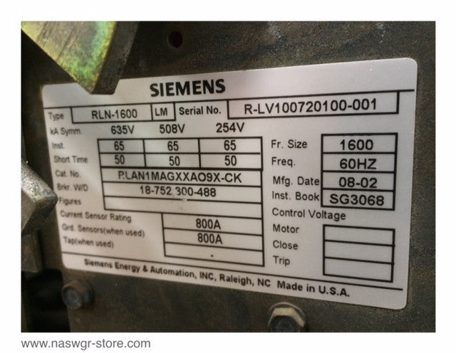 RLN-1600 ~ Siemens RLN-1600 Circuit Breaker ~ 1600 Amp ~ M/O