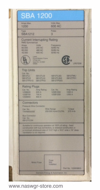 SBA1200 ~ Siemens SBA1200 Circuit Breaker ~ SBA1212 ~ 1200 Amp