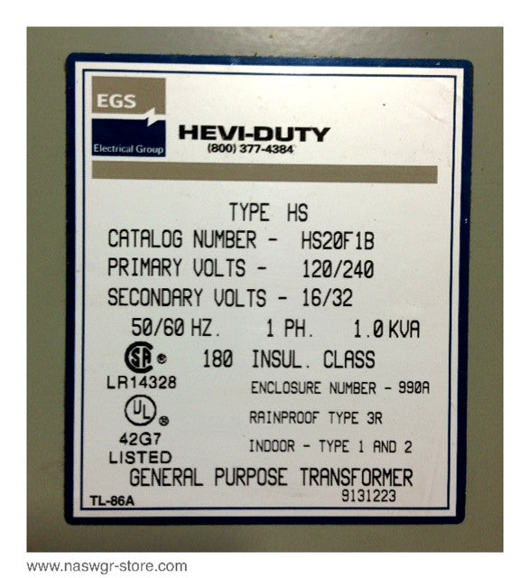 HS20F1B , EGS Electrical Group HS20F1B Hevi Duty General Purpose Transformer , Type: HS , * Unused Surplus in Box* , Primary Volts: 120/240 , Secondary Volts: 16/32 , 50/60 Hz , 1 Phase , 1.0 KVA , PN: HS20F1B