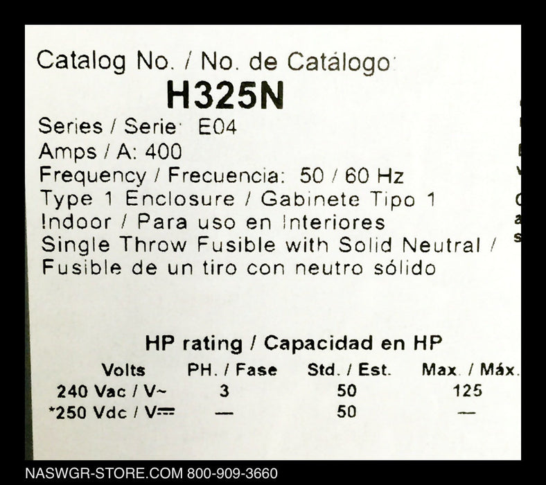 H325N ~ Square D H325N Safety Switch ~ Unused Surplus