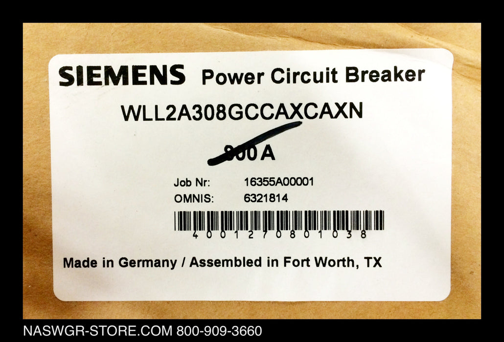 WLL2A308 ~ Siemens WLL2A308 / L2A308GCCAXCAXN Circuit Breaker 800 Amps