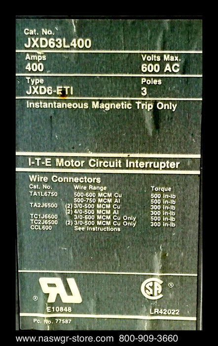 JXD63L400 ~ ITE JXD63L400 Circuit Breaker 400 Amps