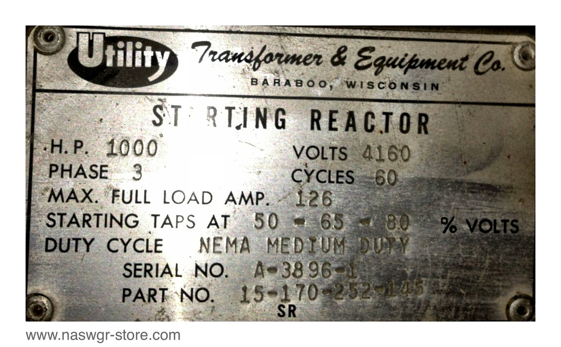 Utility Transformer & Equipment Co. 15-170-252-145 Starting Reactor H.P 1000 3 Phase, FLA Amps 125 , 4160 Volts