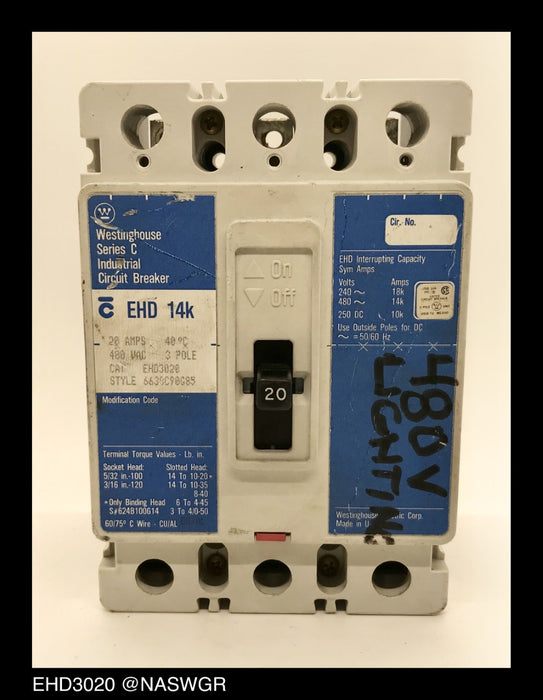 Westinghouse EHD3020 Molded Case Circuit Breaker ~ 20 Amp