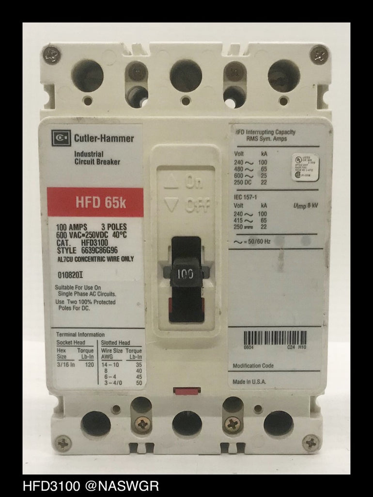 Cutler Hammer HFD3100 Molded Case Circuit Breaker 100 amp — North