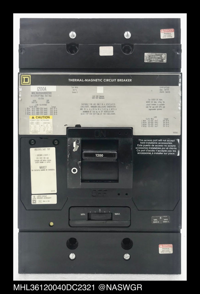 Square D MHL36120040DC2321 Circuit Breaker w/ 24vDC Undervoltage Trip ~ 1200 Amp