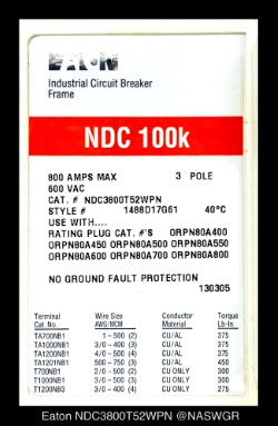 Eaton NDC3800T52WPN Molded Case Circuit Breaker - 800 Amp - Unused Surplus