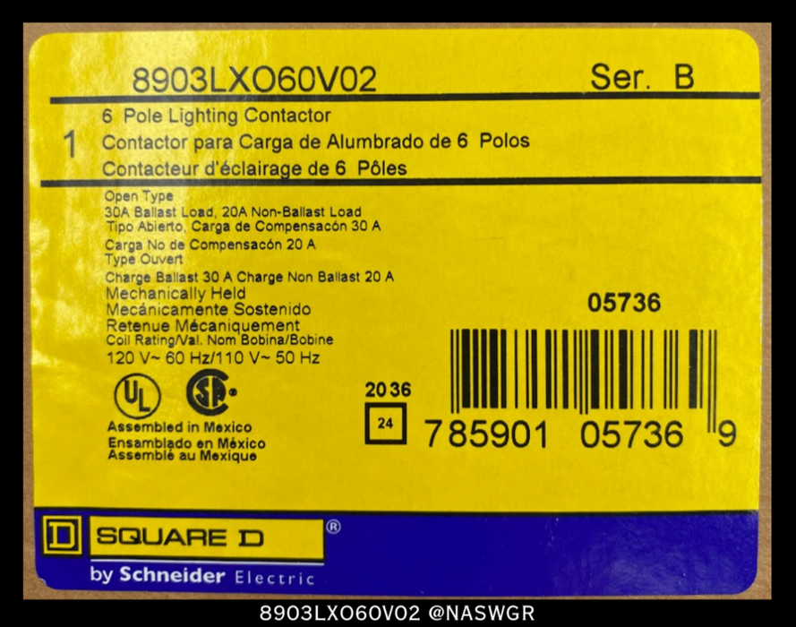 Square D 8903LXO60V02 Lighting Contactor - 30 Amp, 120vAC