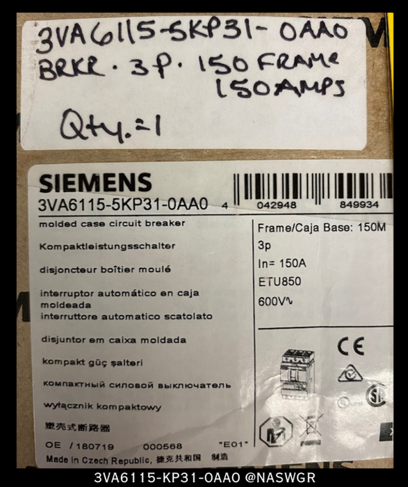 Siemens 3VA6115-5KP31-0AA0 Molded Case Circuit Breaker - 150 Amp - Unused