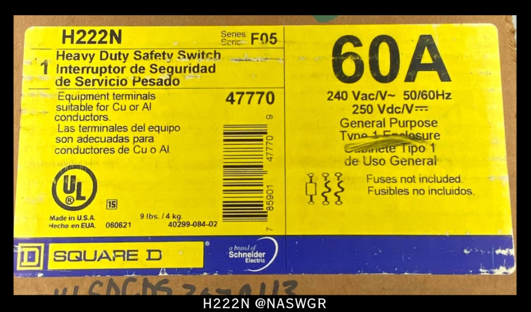 Square D H222N Heavy Duty Safety Switch - 60A/240VAC/N1R