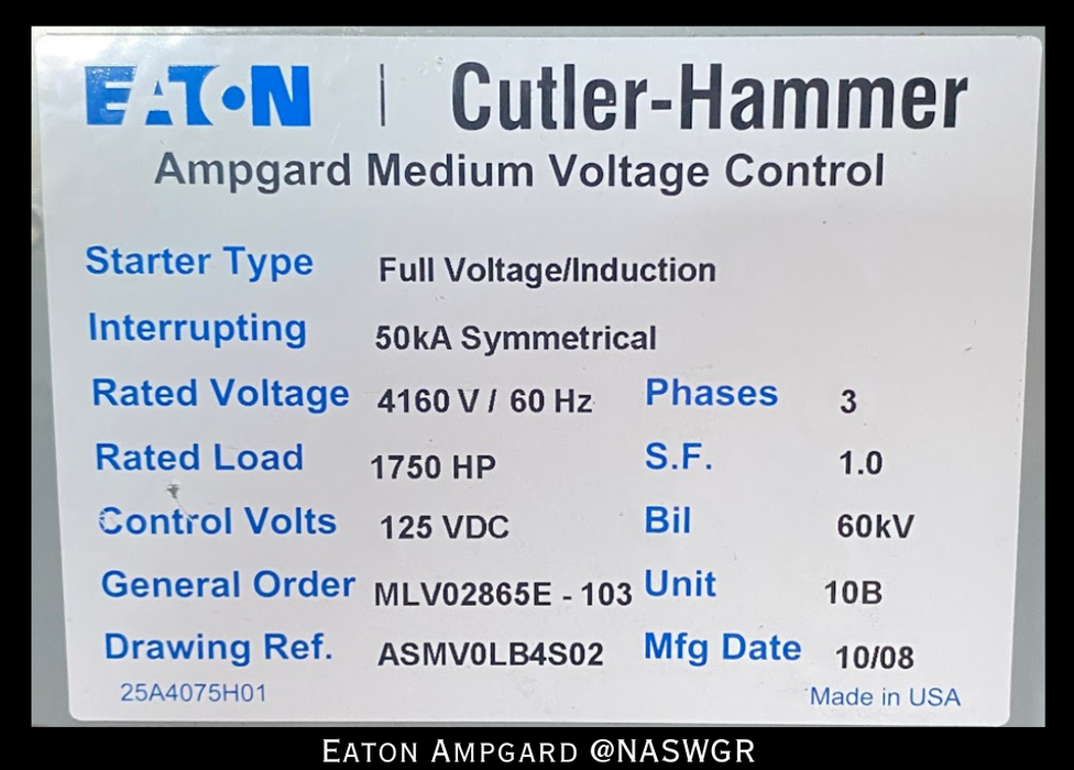 Eaton / Cutler Hammer Ampgard Medium Voltage Control Cell Section- 1750HP/4160V