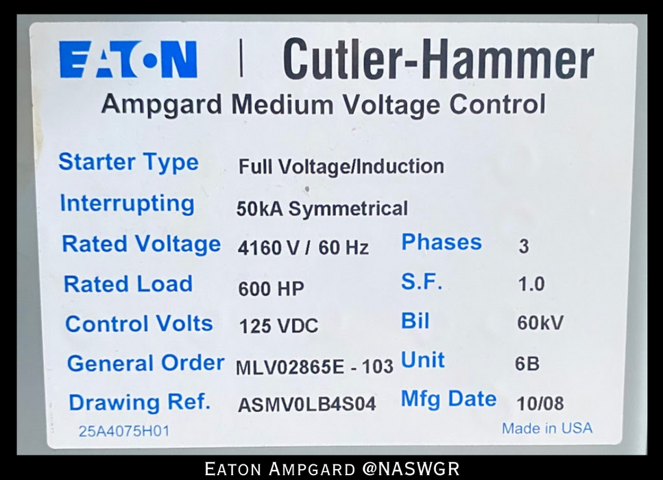 Eaton / Cutler Hammer Ampgard Medium Voltage Control Cell Section- 600HP/4160V