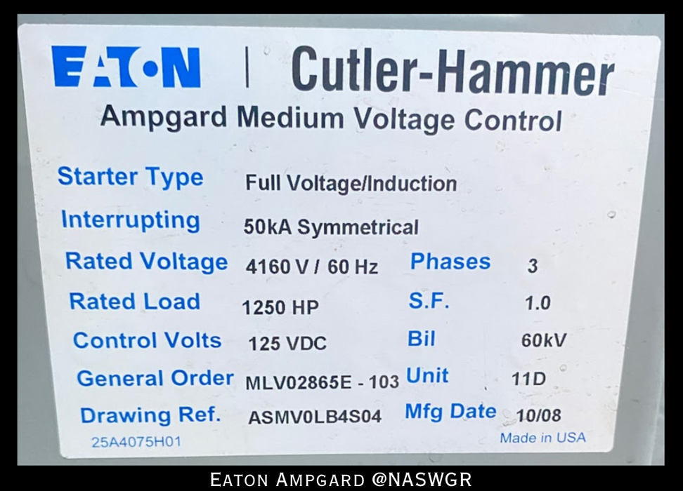 Eaton / Cutler Hammer Ampgard Medium Voltage Control Cell Section- 1250HP/4160V
