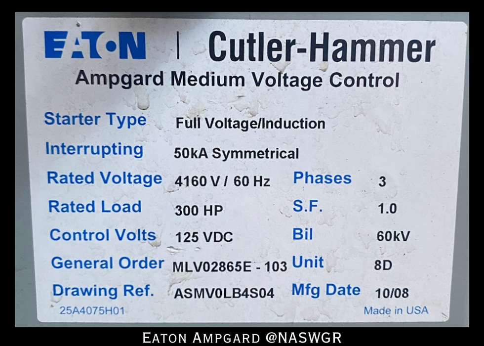 Eaton / Cutler Hammer Ampgard Medium Voltage Control Cell Section- 300HP/4160V