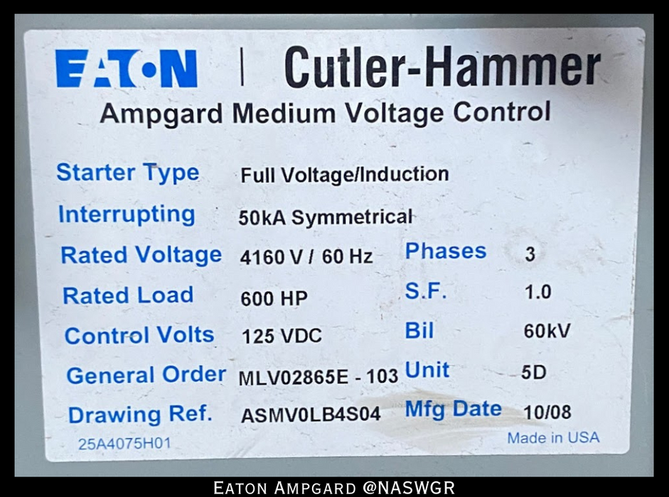 Eaton / Cutler Hammer Ampgard Medium Voltage Control Cell Section- 600HP/4160V