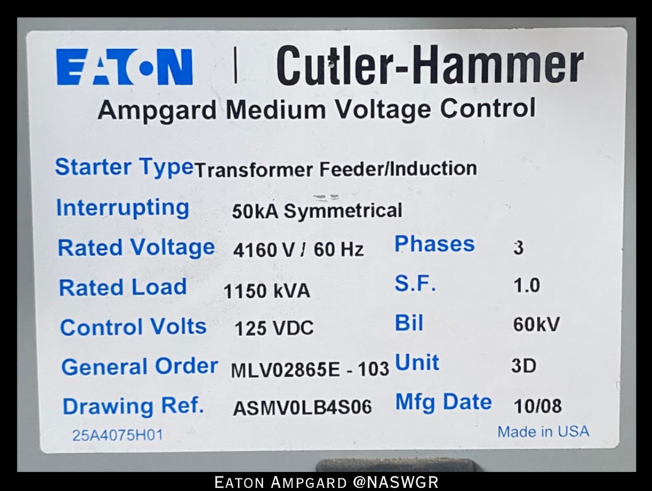 Eaton / Cutler Hammer Ampgard Medium Voltage Control Cell Section- 1150kVA/4160V