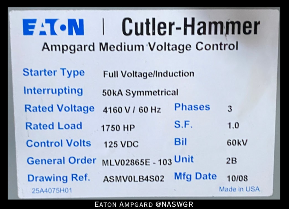 Eaton / Cutler Hammer Ampgard Medium Voltage Control Cell Section- 1750HP/4160V