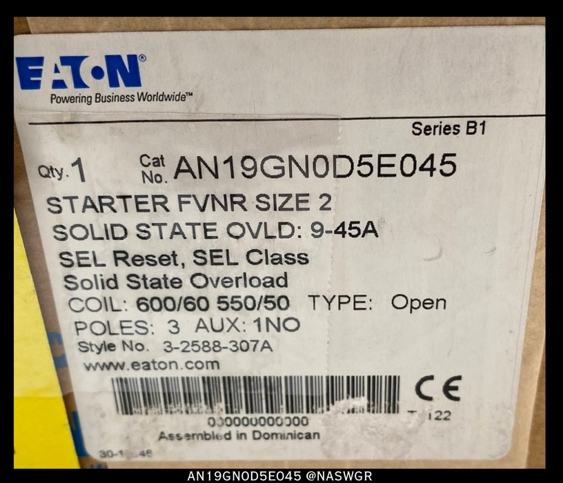 Eaton AN19GN0D5E045 Motor Control Starter -45A/SIZE2/600v - Unused