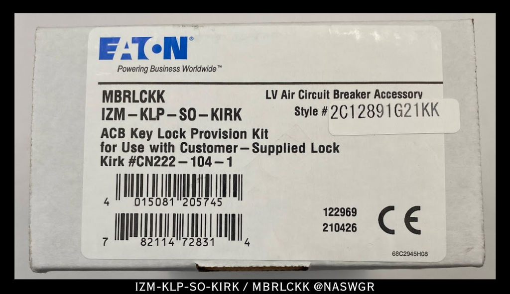 Eaton IZM-KLP-SO-KIRK / MBRLCKK ACB Key Lock Provision Kit- Unused/ 1 Year Warranty