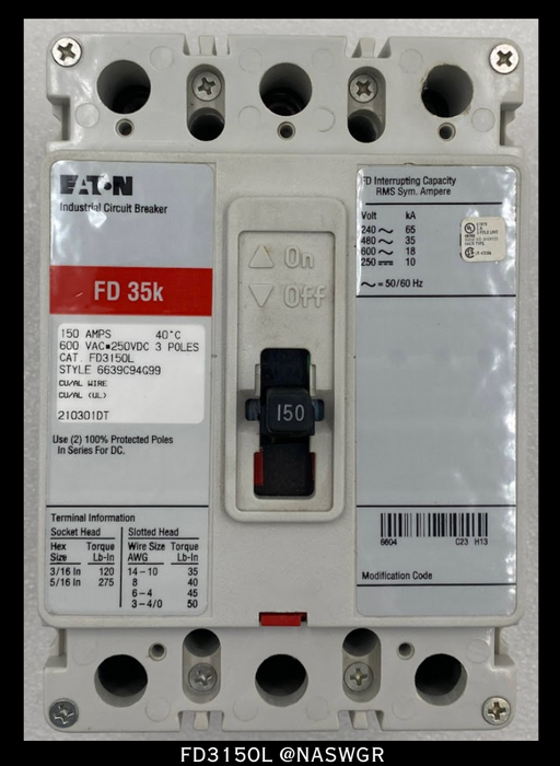 Eaton FD3150L Molded Case Circuit Breaker - 150 Amp - Unused