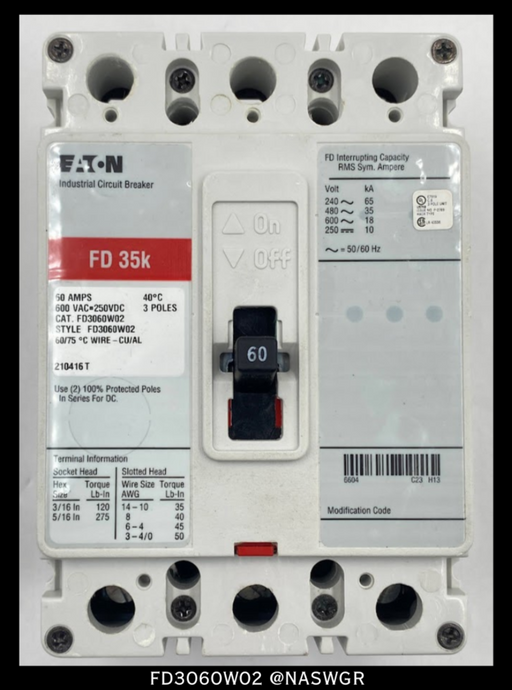 Eaton FD3060W02 Molded Case Circuit Breaker - 60 Amps - Unused