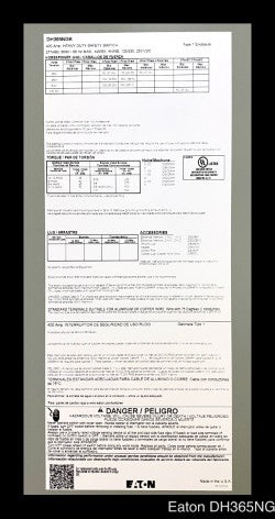 Eaton DH365NGK Heavy Duty Safety Switch - 400A/600V/3P3W/N1 - Unused