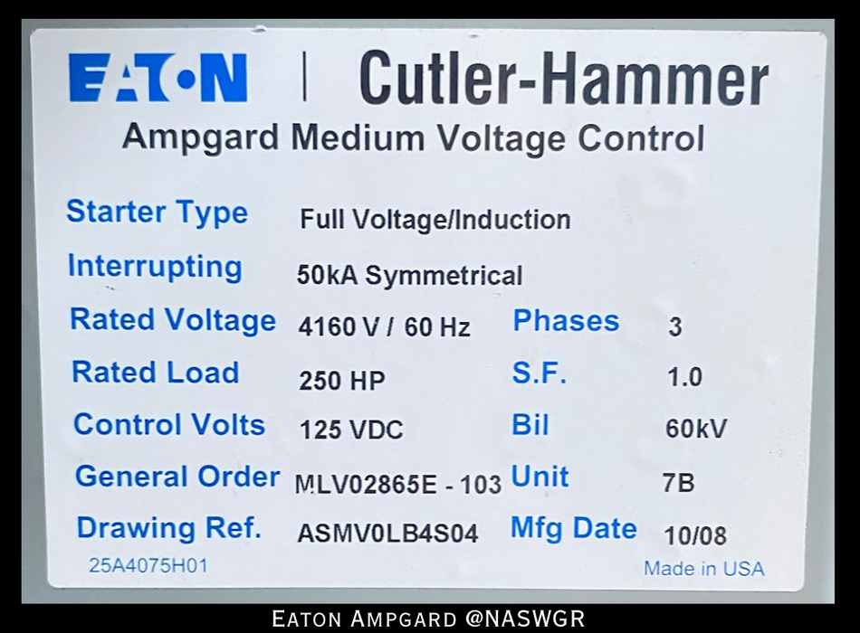 Eaton / Cutler Hammer Ampgard Medium Voltage Control Cell Section- 250HP/4160V
